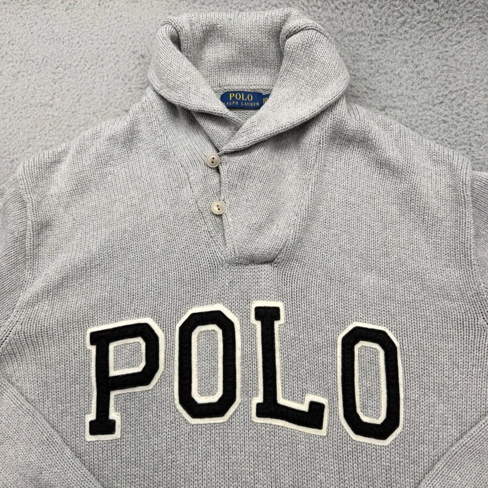 Polo Ralph Lauren Mens XXL Gray Shawl Collar Varsity Spellout Pullover Sweater